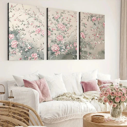 3pcs Sage Green Chinoiserie Art Rose Florals Wall Art Set Canvas Unframed - High Quality Print 100% Australian Made Wall Canvas