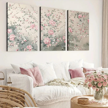3pcs Sage Green Chinoiserie Art Rose Florals Wall Art Set Canvas Unframed - High Quality Print 100% Australian Made Wall Canvas