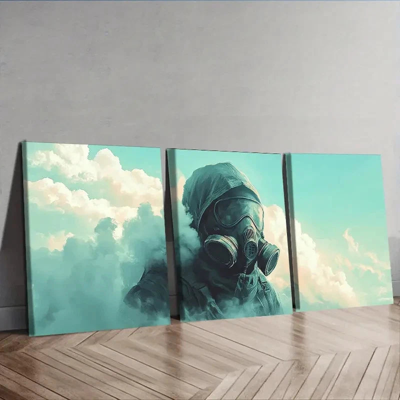 3pcs Surreal Gas Mask Design with HD Wall Art Set Canvas Framed 50x70cm - High Quality Print 100% Australian Made Wall Canvas Ready to Hang