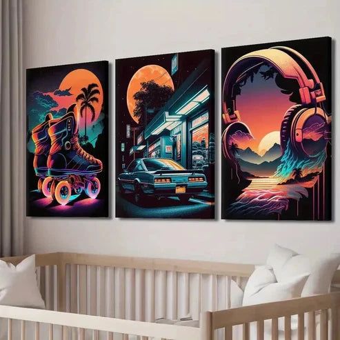 3pcs 80s Retro Synthwave & Cyberpunk Car Wall Art Canvas Unframed - High Quality Print 100% Australian Made Wall Canvas - Bella Home Decor