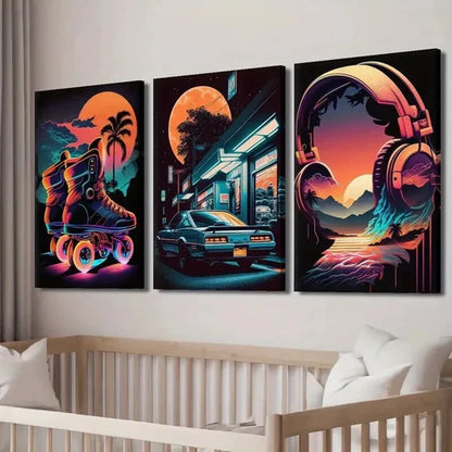 3pcs 80s Retro Synthwave & Cyberpunk Car Wall Art Canvas Unframed - High Quality Print 100% Australian Made Wall Canvas - Bella Home Decor