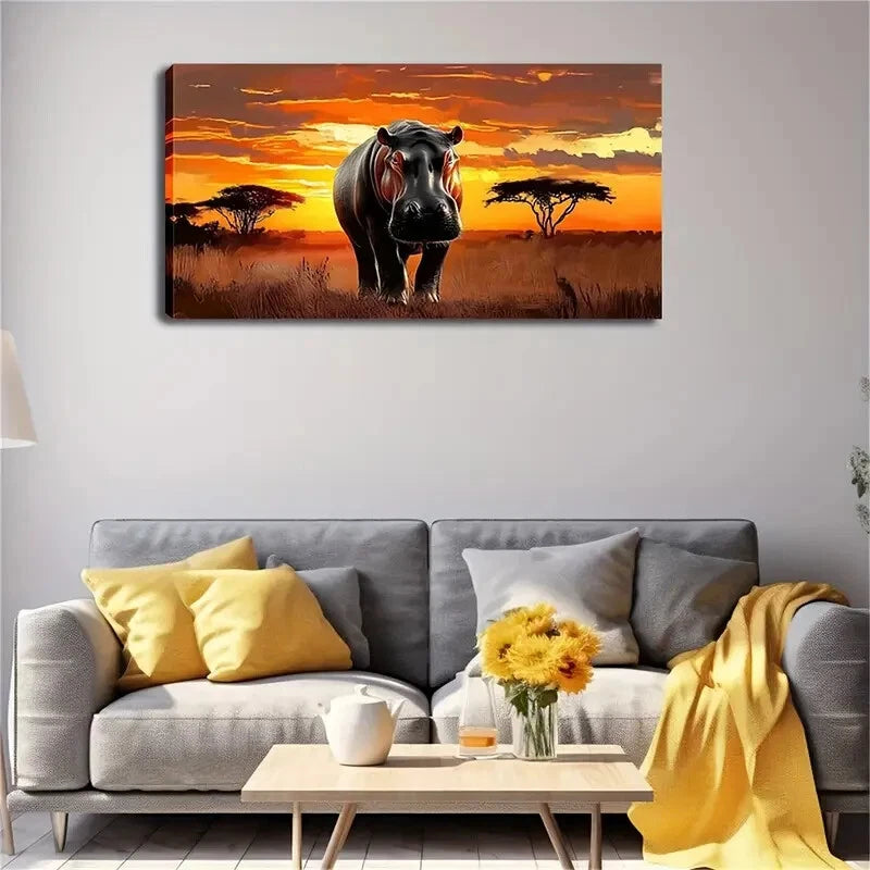 Hippo Walking On Grass Sunset Wall Art Canvas Office Home Room Framed 120x60cm - Bella Home Decor