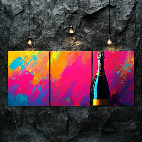 3pcs Colorful Triptych Champagne Bottle Perfect Wall Art Canvas Unframed - High Quality Print 100% Australian Made Wall Canvas - Bella Home Decor