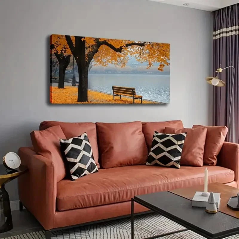 Falling Leaves Serene Lakeside Wall Art Canvas Office Home Room Framed 120x60cm - Bella Home Decor