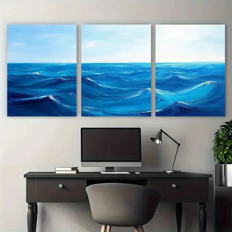 3pcs Blue Ocean Oil Painting on   Wall Art Set Canvas Framed 40x60cm - High Quality Print 100% Australian Made Wall Canvas Ready to Hang - Bella Home Decor