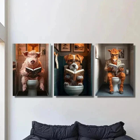 3pcs Funny Pig Dog & Horse in Bathroom Wall Art Canvas Unframed - High Quality Print 100% Australian Made Wall Canvas - Bella Home Decor