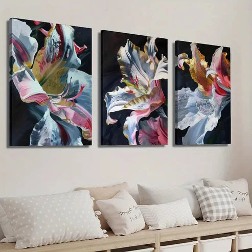 3pcs Golden Pink Lily Flower Petals & Dewdrops Wall Art Set Canvas Unframed - High Quality Print 100% Australian Made Wall Canvas - Bella Home Decor