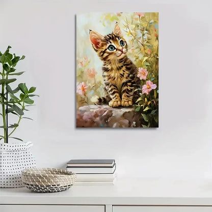 Cute Bengal Kitten with Vibrant Flowers Painting 40x60cm Metal Print Ready to Hang - Bella Home Decor