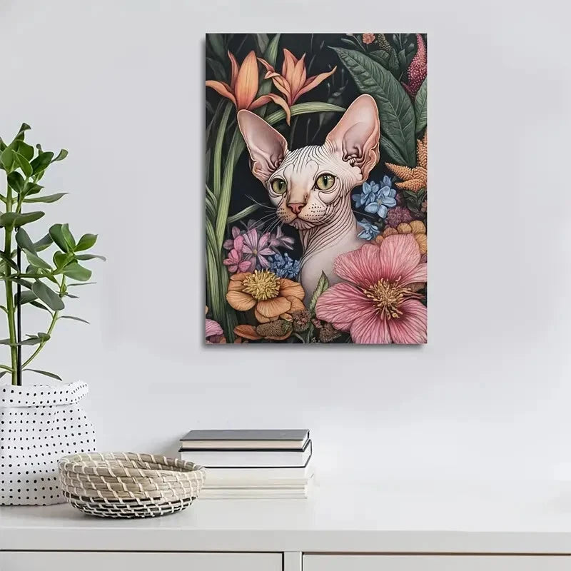 Beautiful Sphynx Cat & Floral Vibrant Pink & Painting 40x60cm Metal Print Ready to Hang