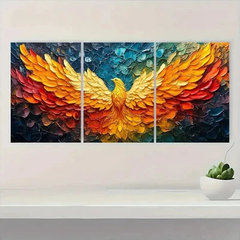 3pcs Vibrant Golden & Blue Feather Design  Wall Art Canvas Unframed - High Quality Print 100% Australian Made Wall Canvas - Bella Home Decor
