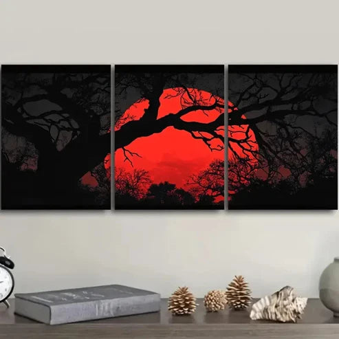 3pcs Red Sunset Silhouette Trees Wall Art Set Canvas Unframed - High Quality Print 100% Australian Made Wall Canvas - Bella Home Decor