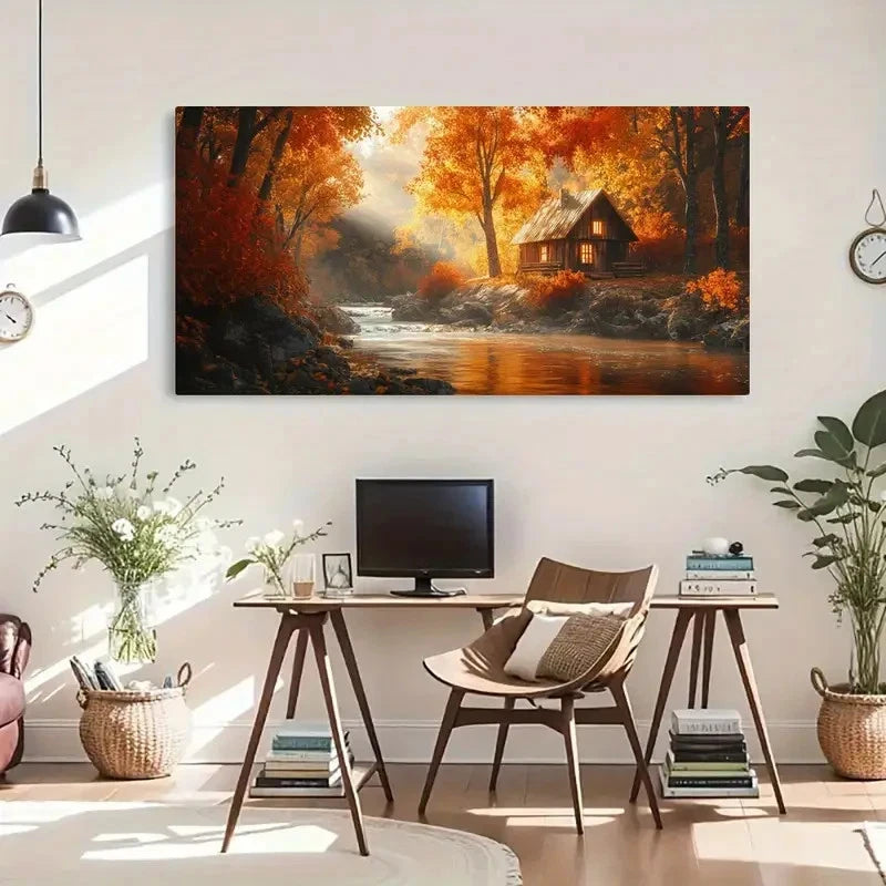 River Cabin Scene Autumn Forest Wall Art Canvas Office Home Room Framed 120x60cm - Bella Home Decor