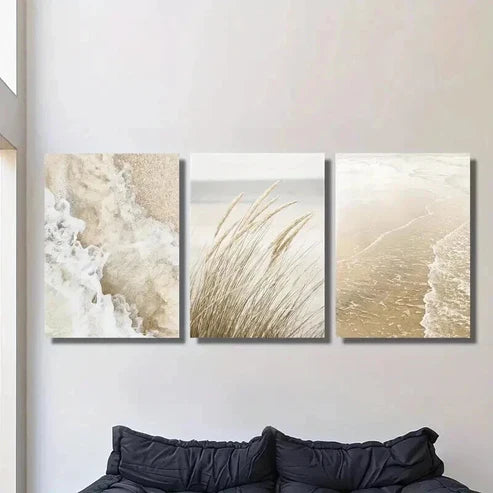 3pcs Seaside Plant Painting Beige Wavy Style Wall Art Canvas Unframed - High Quality Print 100% Australian Made Wall Canvas