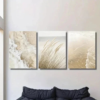 3pcs Seaside Plant Painting Beige Wavy Style Wall Art Canvas Unframed - High Quality Print 100% Australian Made Wall Canvas