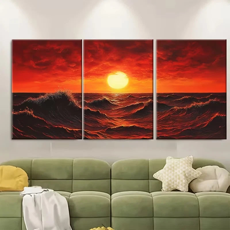 3pcs Red and Orange Sky Ocean Waves, Metal Print Ready to Hang Art