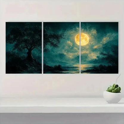 3pcs Rustic Moonlit Tree Forest Vintage Metal Print Ready to Hang Art - Bella Home Decor