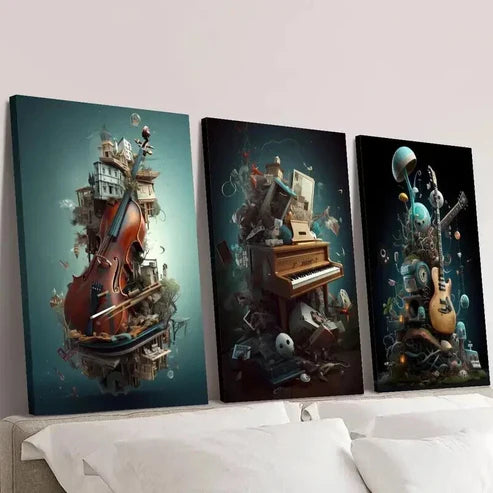 3pcs Violin Piano Guitar & Whimsical Objects Wall Art Canvas Unframed - High Quality Print 100% Australian Made Wall Canvas