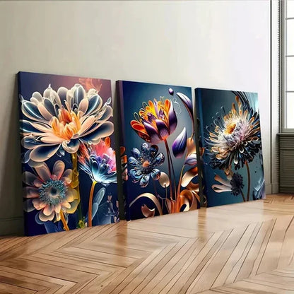 3pcs Modern Colourful Florals & Leaves Blue Gold Wall Art Canvas Unframed - High Quality Print 100% Australian Made Wall Canvas