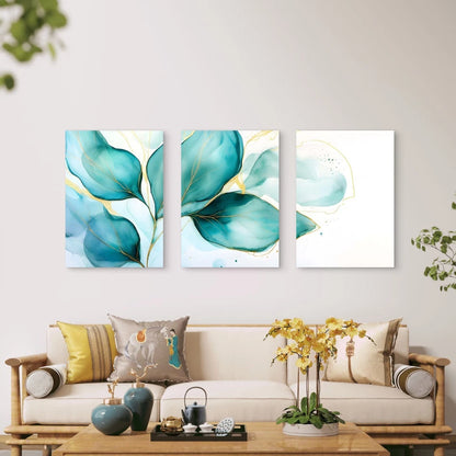 3pcs Emerald Green Leaves Outlined In Gold Wall Art Set Canvas Framed 40x60cm - High Quality Print 100% Australian Made Wall Canvas Ready to Hang - Bella Home Decor