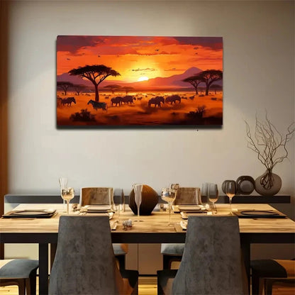 African Sunset Elephant Wall Art Canvas Office Home Room Framed 120x60cm