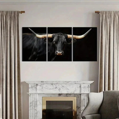 3pcs Black Bull with Long Horns Design Wall Art Set Canvas Framed 40x60cm - High Quality Print 100% Australian Made Wall Canvas Ready to Hang - Bella Home Decor