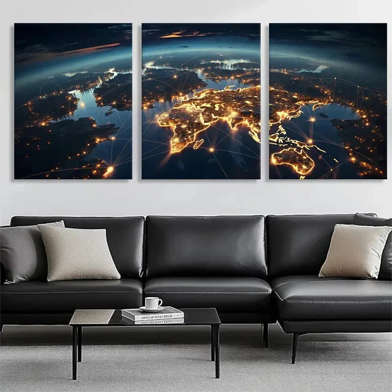 3pcs Global Network Connections Map Perfect Wall Art Canvas Unframed - High Quality Print 100% Australian Made Wall Canvas - Bella Home Decor