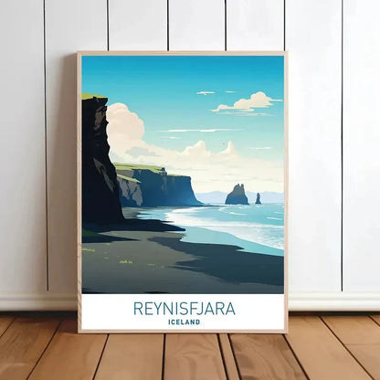 Reynisfjara Iceland Coastal Black Sand Beach Rock Travel Poster Print Wall Art