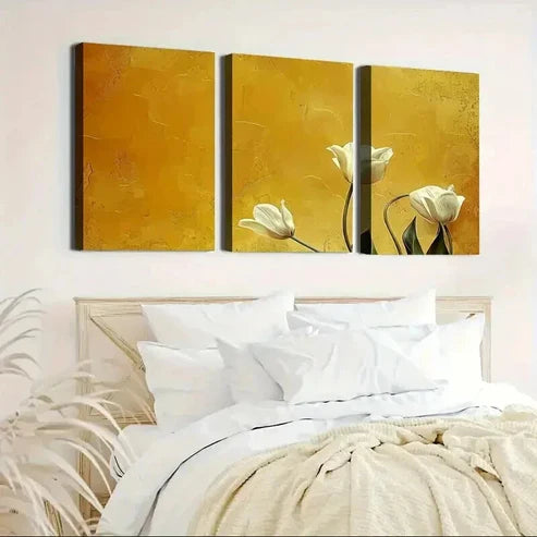 3pcs Elegant White Flowers on Golden Background  Wall Art Set Canvas Unframed - High Quality Print 100% Australian Made Wall Canvas