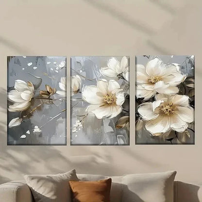 3pcs White Flowers on Gray Background Wall Art Set Canvas Unframed – High Quality Print 100% Australian Made Wall Canvas