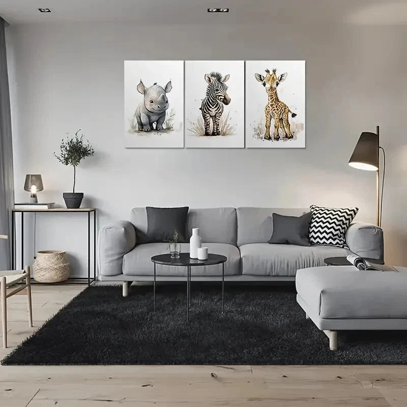 3pcs Adorable Youngsters Animal Zebra Giraffe Metal Print Ready to Hang Art - Bella Home Decor