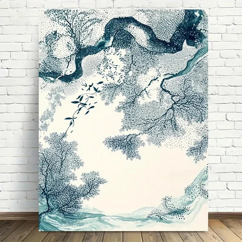 Beautiful Blue Ink Tree Landscape Vintage Painting 40x60cm Metal Print Ready to Hang - Bella Home Decor