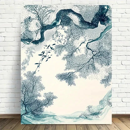Beautiful Blue Ink Tree Landscape Vintage Painting 40x60cm Metal Print Ready to Hang - Bella Home Decor