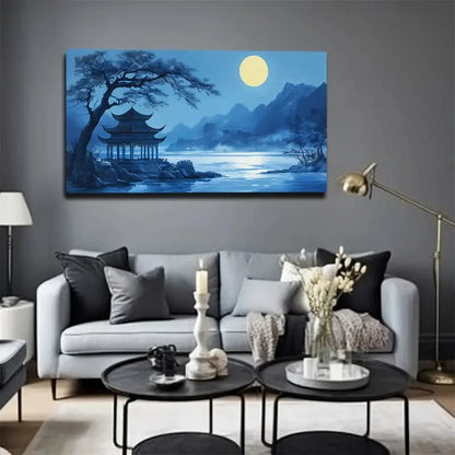 Blue With A Moonlit Night Sky Wall Art Canvas Office Home Room Framed 120x60cm