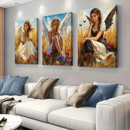 3pcs Enchanting Angel Girls in Wheat Field Wall Art Set Wall Art Canvas Unframed - High Quality Print 100% Australian Made Wall Canvas