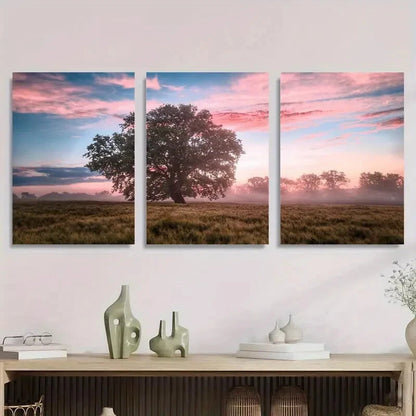 3pcs Sunrise Tree Misty Field Nature Morning Sky Metal Print Ready to Hang Art