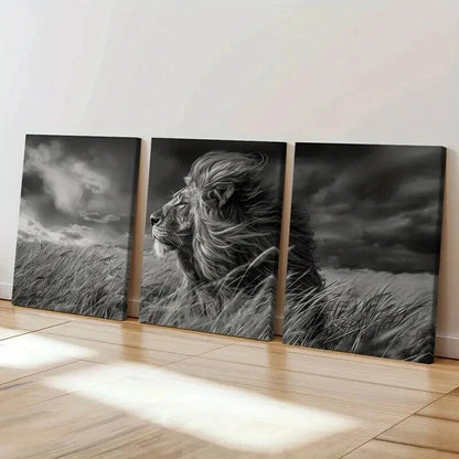 3pcs Lion in Grassland Stormy Sky Modern Wall Art Set Canvas Framed 60x90cm - High Quality Print 100% Australian Made Wall Canvas Ready to Hang - Bella Home Decor