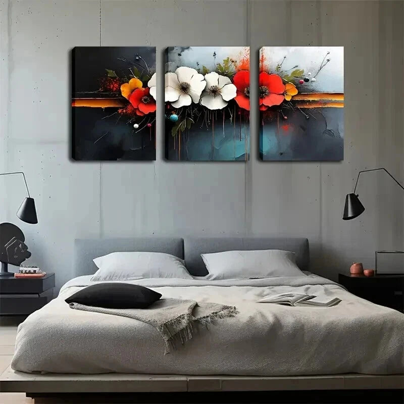3pcs Modern Abstract Red White Flowers Perfect Wall Art Set Canvas Framed 50x70cm - High Quality Print 100% Australian Made Wall Canvas Ready to Hang - Bella Home Decor