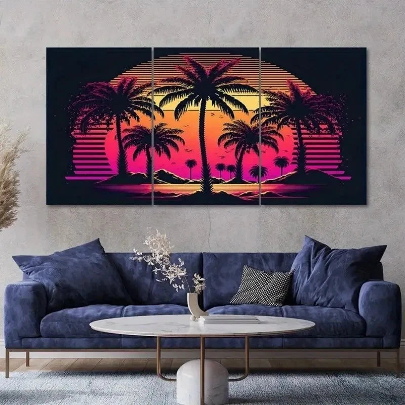 3pcs  Tropical Sunset Palm Trees  Synthwave   Wall Art Set Canvas Framed 50x70cm - High Quality Print 100% Australian Made Wall Canvas Ready to Hang - Bella Home Decor