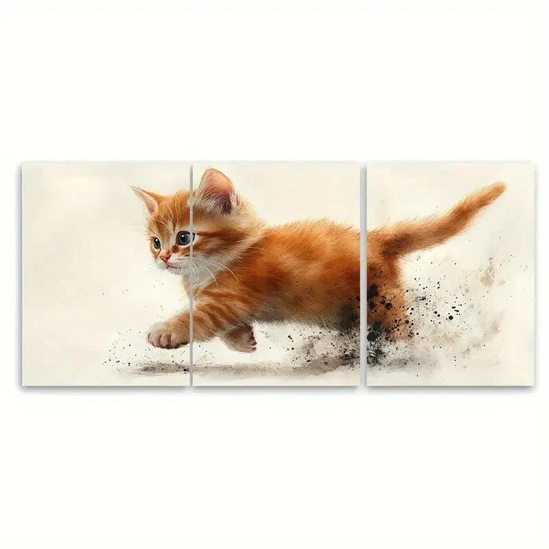 3pcs Playful Ginger Kitten Brown E  Wall Art Set Canvas Framed 40x60cm - High Quality Print 100% Australian Made Wall Canvas Ready to Hang