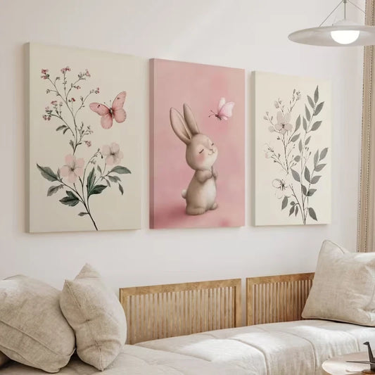 3pcs Bunnies and Butterflies Paintings Wall Art Set Canvas Framed 50x70cm – High Quality Print, 100% Australian Made, Ready to Hang