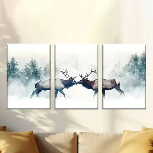 3pcs Two Mooses in The Snow Wall Art Set Canvas - High Quality Print 100% Australian Made Wall Canvas