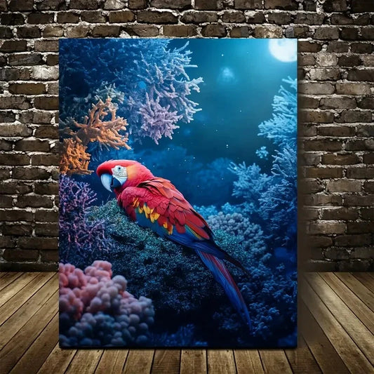 Beautiful Vibrant Parrot & Coral Reef Painting  40x60cm Metal Print Ready to Hang
