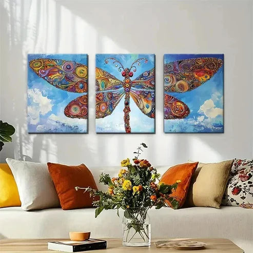3pcs Vibrant Dragonfly Colorful Abstract Perfect Wall Art Canvas Unframed - High Quality Print 100% Australian Made Wall Canvas