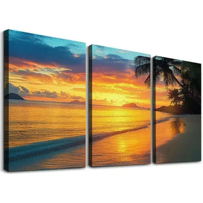 3pcs Tropical Beach Sunset with Palm Trees Wall Art Canvas Unframed - High Quality Print 100% Australian Made Wall Canvas