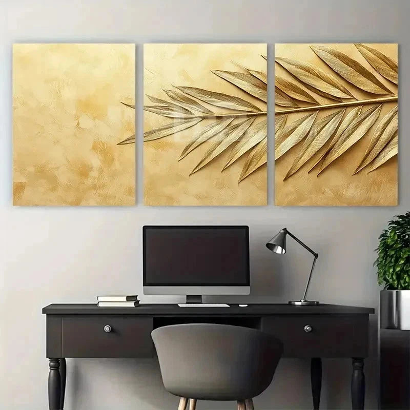 3pcs Beige Tropical Palm Leaves Perfect Wall Art Set Canvas Framed 50x70cm - High Quality Print 100% Australian Made Wall Canvas Ready to Hang - Bella Home Decor