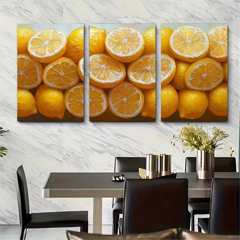 3pcs Vibrant Lemon Slices Metal Print Ready to Hang Art