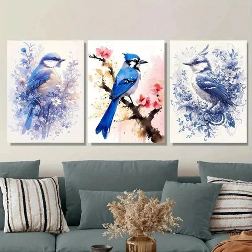 3pcs Bluebird Paintings Watercolor Bird Wall Art Set Canvas Unframed - High Quality Print 100% Australian Made Wall Canvas - Bella Home Decor