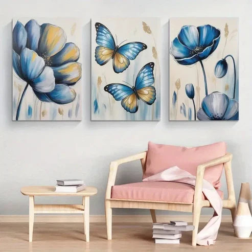 3pcs Blue Flowers & Butterflies Wall Art Canvas Unframed - High Quality Print 100% Australian Made Wall Canvas - Bella Home Decor