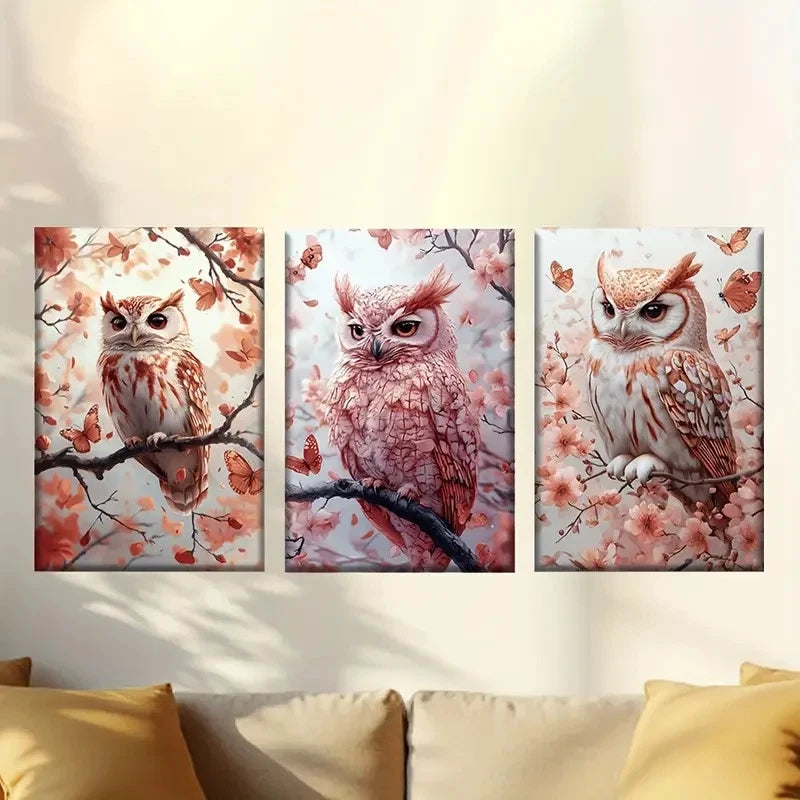 3pcs Pink And Orange Owls Wall Art Set Canvas Framed 50x70cm - High Quality Print 100% Australian Made Wall Canvas Ready to Hang