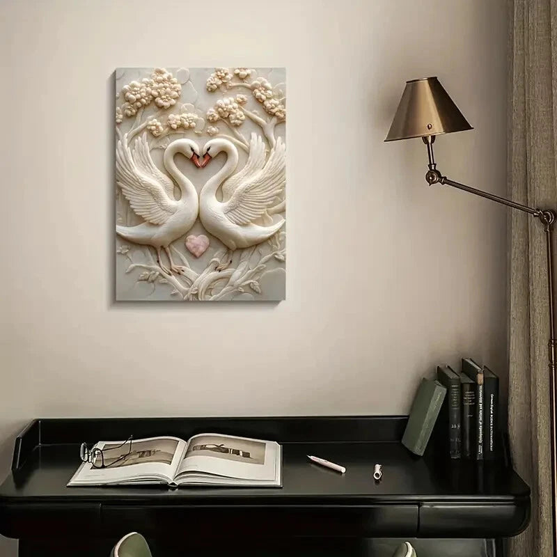Swans in Love by Fred Levy Hadida, Painting 40x60cm Metal Print Ready to Hang - Bella Home Decor